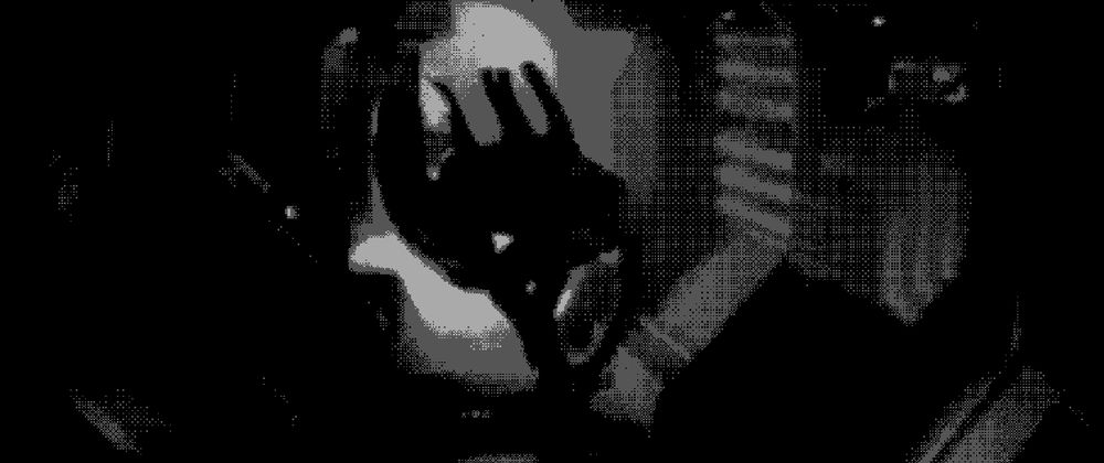 scene from Alien 1979 where the alien is in the middle of the corridor kind of crouching with its head almost between its knees. the image has a dithering effect and is gray scale