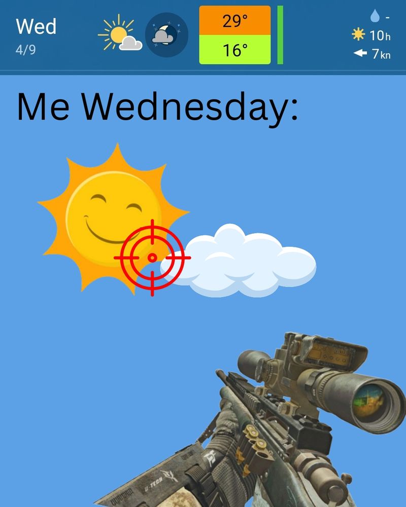 Meme showing 29⁰C predicted for Wednesday and below a shitty meme with a sniper being pointed at a cartoon sun