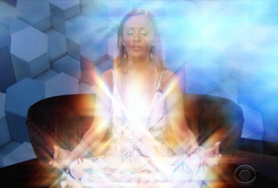 BB20 Kaitlyn in the Diary Room, sitting cross-legged on the chair in a meditative pose, edited to look like she's glowing 