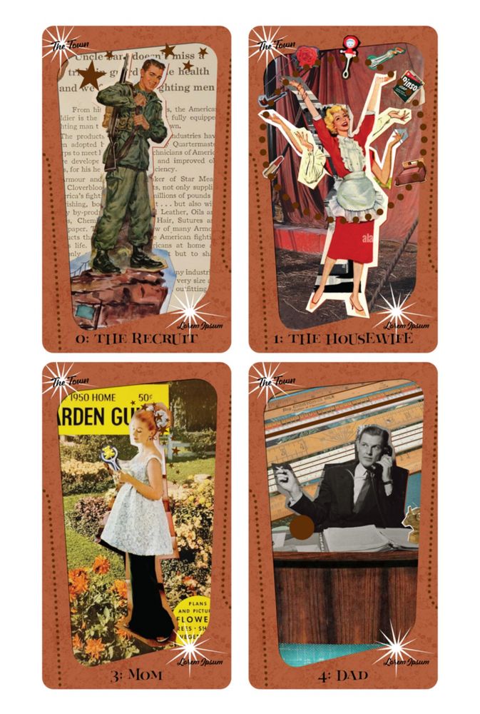 Four collaged tarot cards: The Recruit, The Housewife, Mom, and Dad