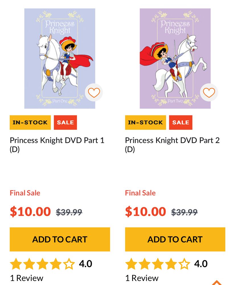 A screenshot of Crunchyroll’s website with listings for Princess Knight DVD sets Part 1 and Part 2. They are currently priced at $10.00 each.