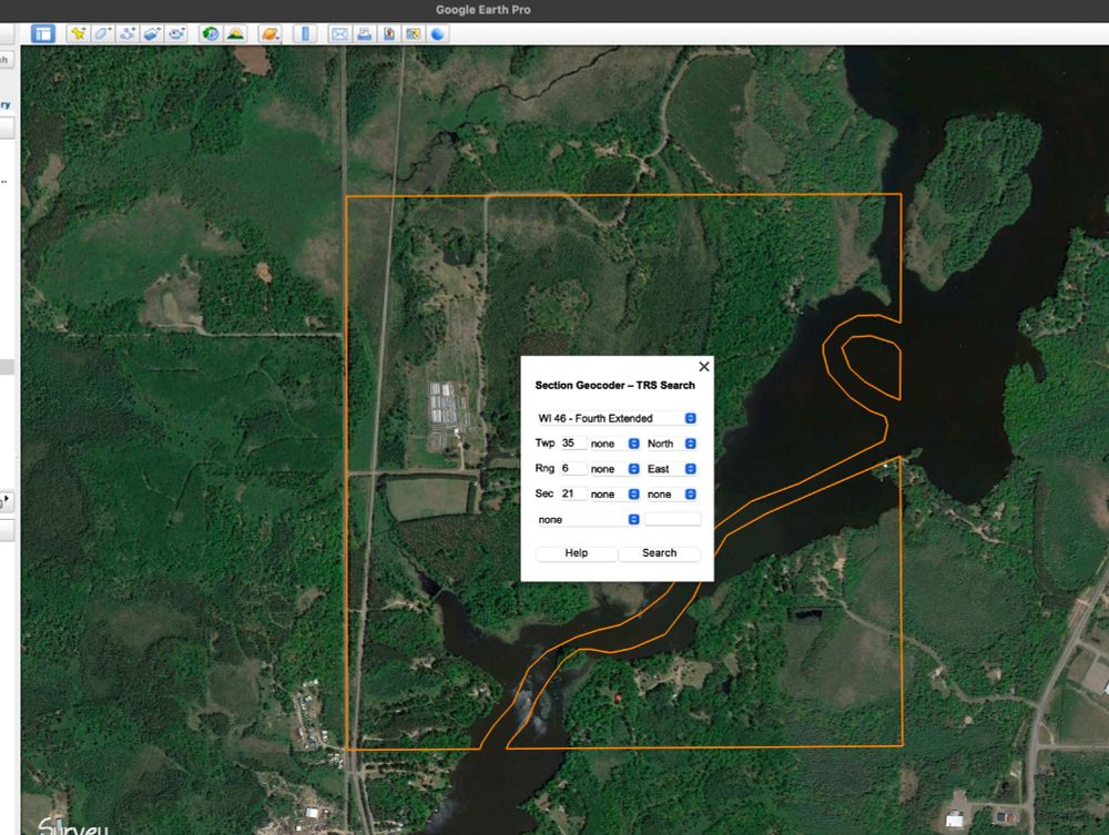 Screen grab of a Google Earth window on a laptop, showing a satellite view of a relatively small area in northern Wisconsin. A one-square-mile section is highlighted in orange. It is the result of a search using the Township, Range, and Section coordinate system.