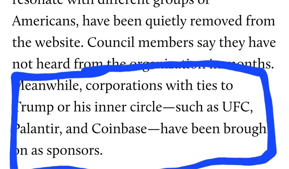 Text from online article circled in blue for emphasis, reads "meanwhile, corporations with ties to Trump or his inner circle - such as UFC, Palantir, and Coinbase- have been brought on as sponsors."