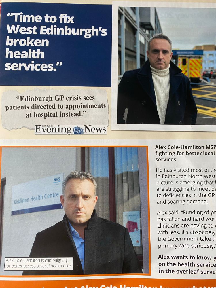A LibDem flyer that came through my door featuring photos of MSP Alex Cole-Hamilton in a polo neck and serving an intense blue steel look 
