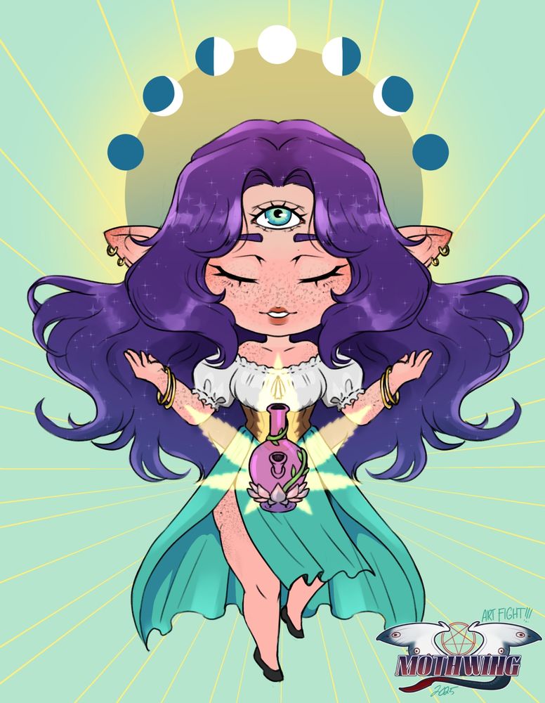 A chibi illustration of an elf woman, with pale skin and purple hair. Her eyes are closed in a serene expression, but her third eye is open and looking up towards the sky. she is wearing a puffy-sleeved blouse with a corset, and a teal skirt down to her ankles. In front of her is a pink, glass bong.