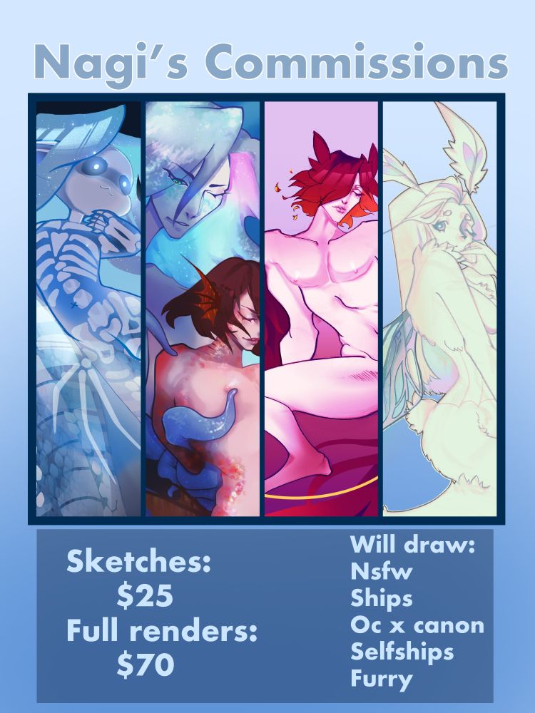 a commission sheet showing examples of the artist's work, and stating prices of $25 usd for sketches and $70 usd for fully rendered work.
