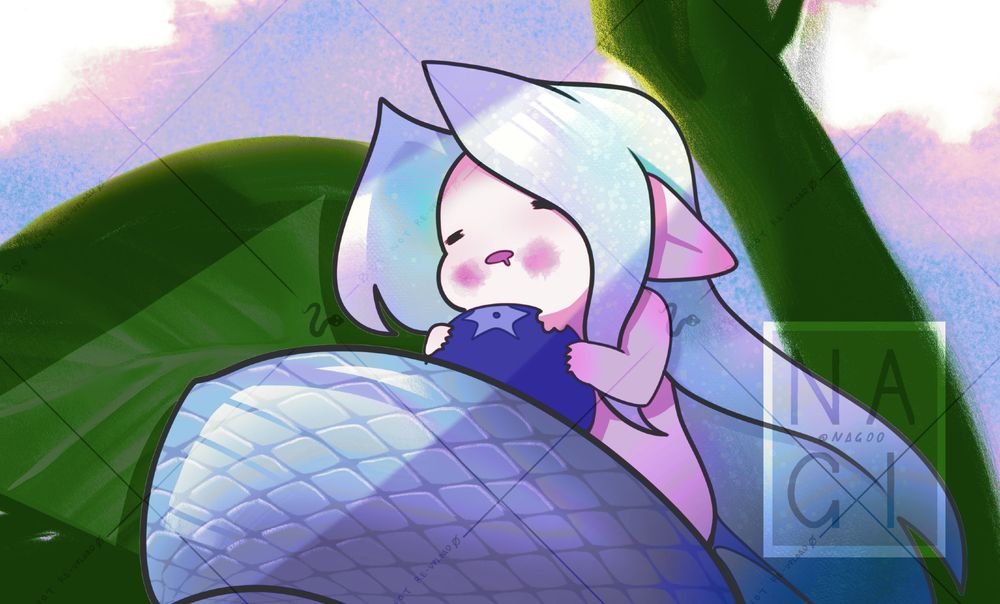 Sephiroth in miniature naga form, hereby referred to as The Snood, sits nestled among a few leaves, snoozing away and covered in blueberry stains. he has fallen asleep while eating one, which he still cuddles in his sleep even now.