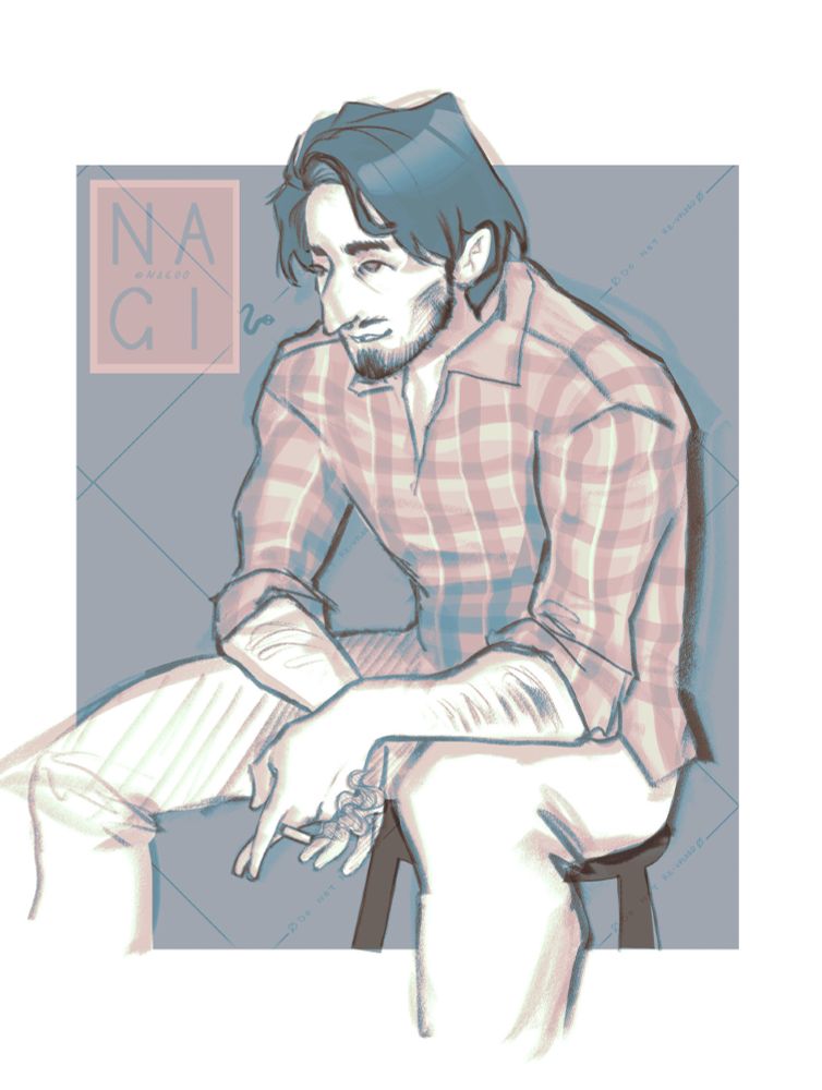 a middle aged man with a scruffy beard sits on a stool, holding a lit cigarette. HE has a gap between his front teeth and is wearing an orange plaid shirt.