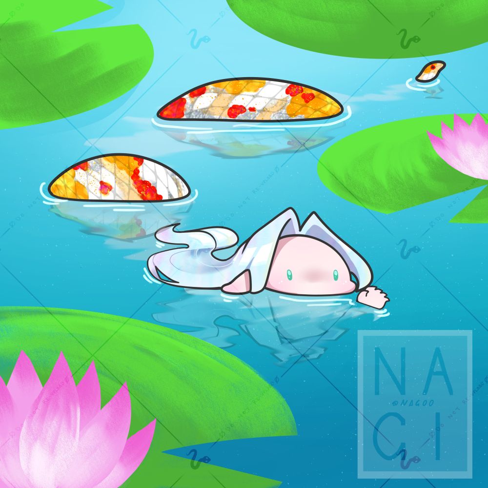 Sephiroth in miniature naga form, hereby referred to as The Snood, in a koi pond swimming closer and closer! his tail resembles a koi fish