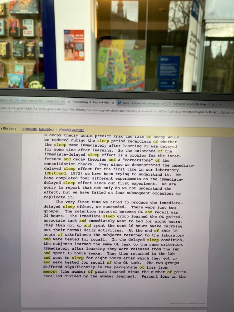 Photo of the computer screen. On the screen there is an open pdf document. The font is the same as in some spy movies, used there for secret CIA documents in the USA. Some words are highlighted with a yellow background, such as “sleep”, “and”, “Ekstrand”. The text is sourced from “Neurobiology of Sleep and Memory” by Drucker-Colin and McGaugh