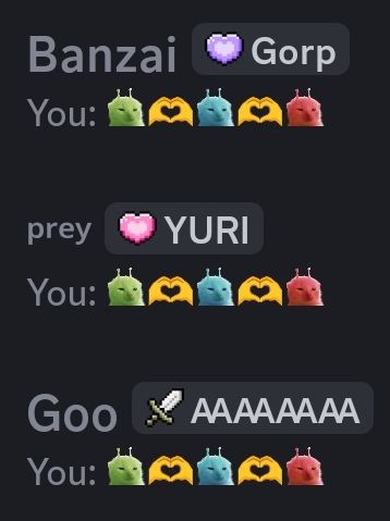 3 identical discord messages to different people of me sending an emoji combo depicting 3 glorps with 🫶 between them