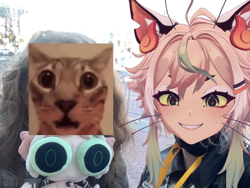 picture of me with sneb. i am holding a plushie of her character, our faces are covered with a shocked cat and her vtuber face respectively
