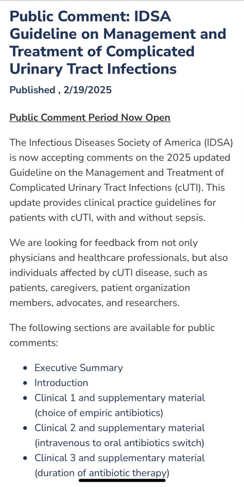 Screenshot of IDSA cUTI guideline open for public comment