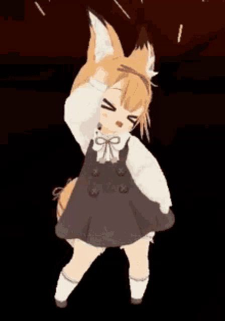 a girl with fox ears is dancing in a black dress