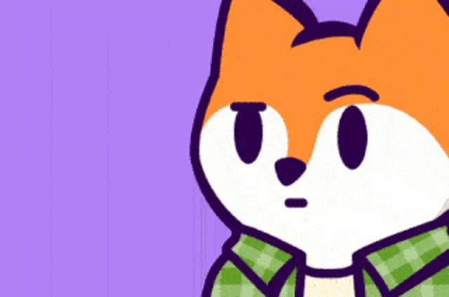 a cartoon fox wearing a green plaid shirt and a purple background