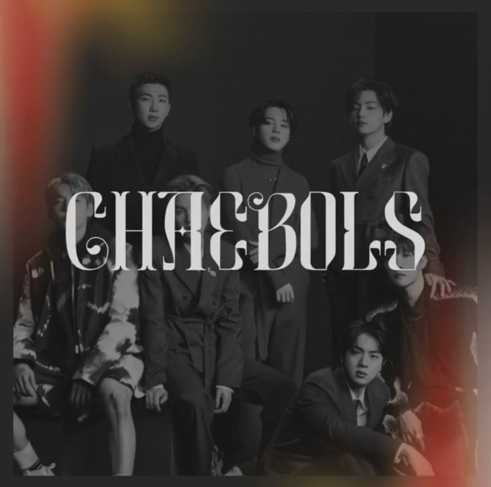 screenshot from the gif prompt game saying “chaebols” over a black and white image of bts