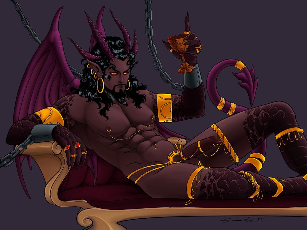 Wrathion from World of Warcraft as an Incubus, chained, seating on a greek style couch while lifting a cup.