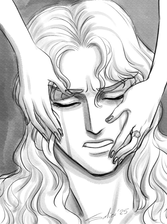 Siegfried Dubhe Alpha, being held by Hilda's hands, showing the Nibelung ring. Siegfried cries, conflicted, confused.