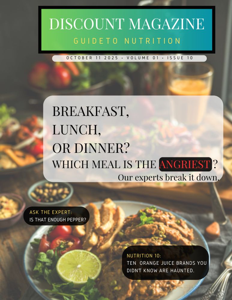 Date: 2025.10.11
V1 I10 Discount Magazine - Nutrition
Cover: Breakfast, Lunch, or Dinner: Which meal is the angriest? Our experts break it down.
List of Ten: Ten orange juice brands you didn’t know are haunted. 
Ask the Expert:Is that enough damn pepper?