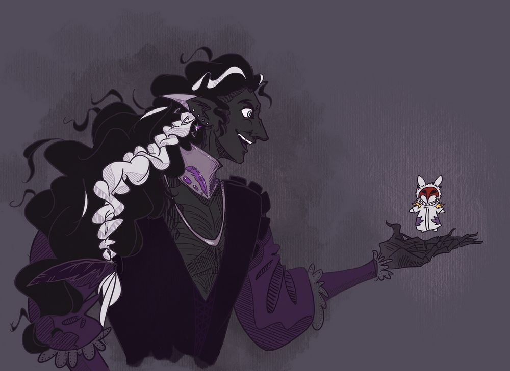 a drawing of an elf smiling intensely at his outstretched, upturned skeletal hand; a labubu doll-style elidibus is resting above his palm. 