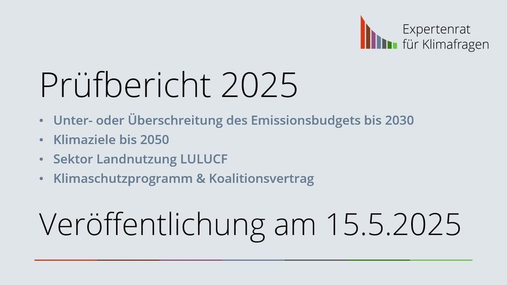 Grauer Hintergrund; in der rechten oberen Ecke das bunte Balkenlogo des Expertenrats für Klimafragen; im Fokus in großen Lettern "Prüfbericht 2025"; darunter Bullets in grauer Schrift: "Unter- oder Überschreitung des Emissionsbudgets bis 2030", "Klimaziele bis 2050", "Sektor Landnutzung LULUCF", "Klimaschutzprogramm & Koalitionsvertrag"; unten wieder in großen Lettern: "Veröffentlichung am 15.5.2025".