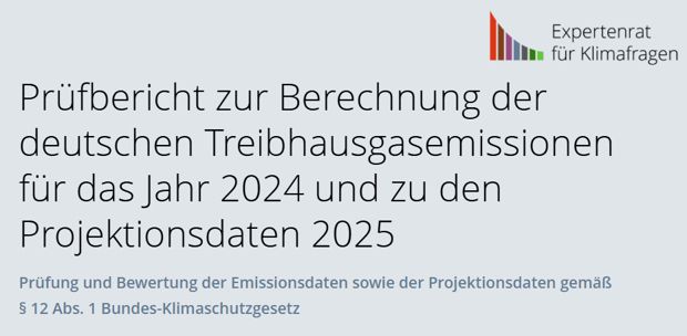 Abbildung des Berichtstitels: Prüfbericht zur Berechnung der deutschen Treibhausgasemissionen für das Jahr 2024 und zu den Projektionsdaten 2025. Prüfung und Bewertung der Emissionsdaten sowie der Projektionsdaten gemäß § 12 Absatz 1 Bundes-Klimaschutzgesetz.
