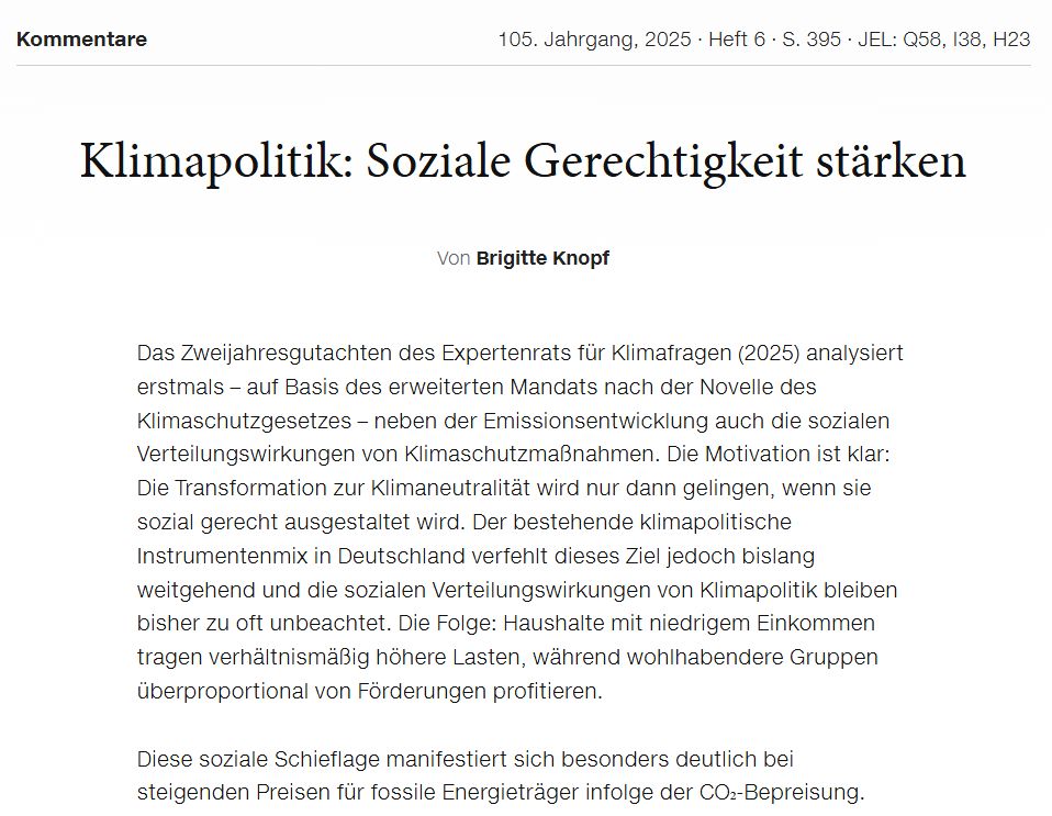 Screenshot des Kommentars von Brigitte Knopf auf der Webseite des Wirtschaftsdiensts: im Fokus steht die Überschrift des Artikels "Klimapolitik: Soziale Gerechtigkeit stärken" von Brigitte Knopf und darunter beginnt der Text