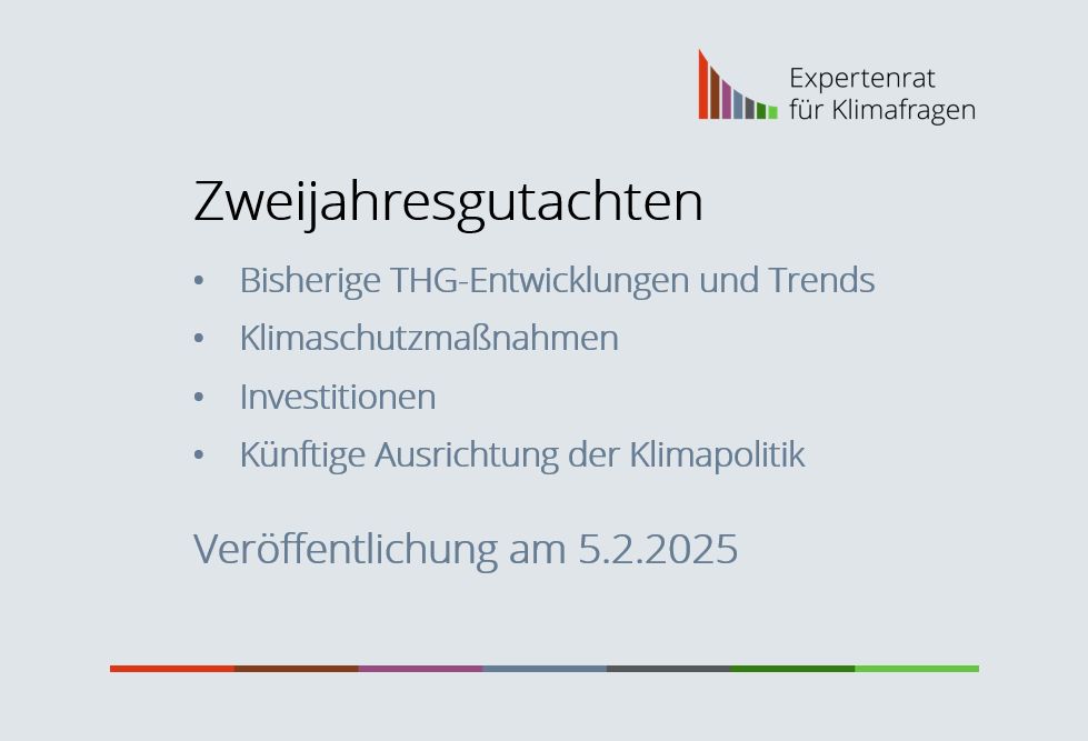 Text zentriert auf grauem Hintergrund: Zweijahresgutachten: Bisherige THG-Entwicklungen und Trends, Klimaschutzmaßnahmen, Investitionen, Künftige Ausrichtung der Klimapolitik. Veröffentlichung am 5.2.2025.  Unter dem Text ein Balken in den Sektorenfarben. In der rechten oberen Ecke das Logo des Expertenrats für Klimafragen, das aus sieben Balken ebenfalls in den Farben der sieben Sektoren besteht. 