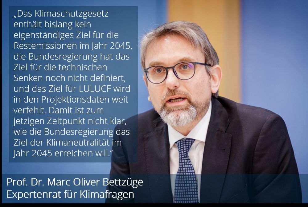 Foto und Zitat von Prof. Dr. Marc Oliver Bettzüge, Expertenrat für Klimafragen: „Das Klimaschutzgesetz enthält bislang kein eigenständiges Ziel für die Restemissionen im Jahr 2045, die Bundesregierung hat das Ziel für die technischen Senken noch nicht definiert, und das Ziel für LULUCF wird in den Projektionsdaten weit verfehlt. Damit ist zum jetzigen Zeitpunkt nicht klar, wie die Bundesregierung das Ziel der Klimaneutralität im Jahr 2045 erreichen will". 
