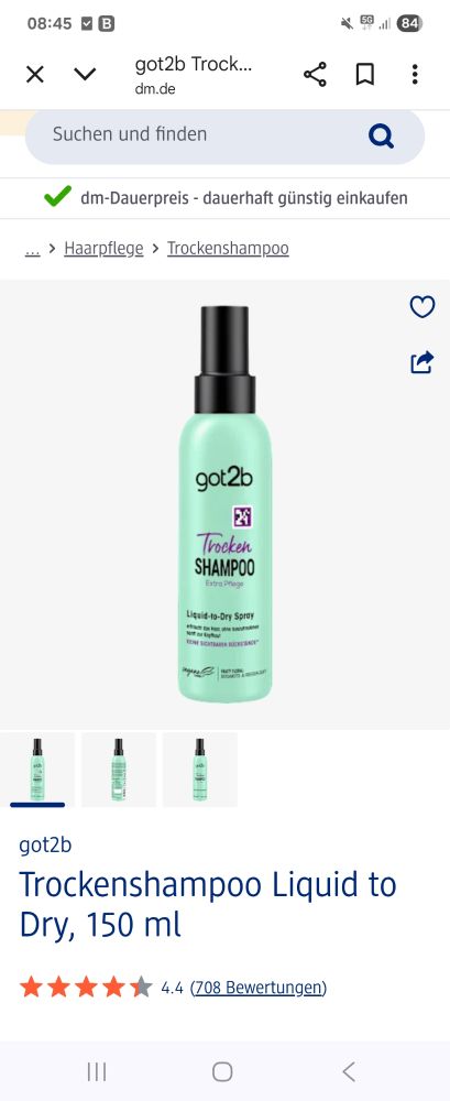 Screenshot eines Trockenshampoos von got2b auf einer Website von DM 