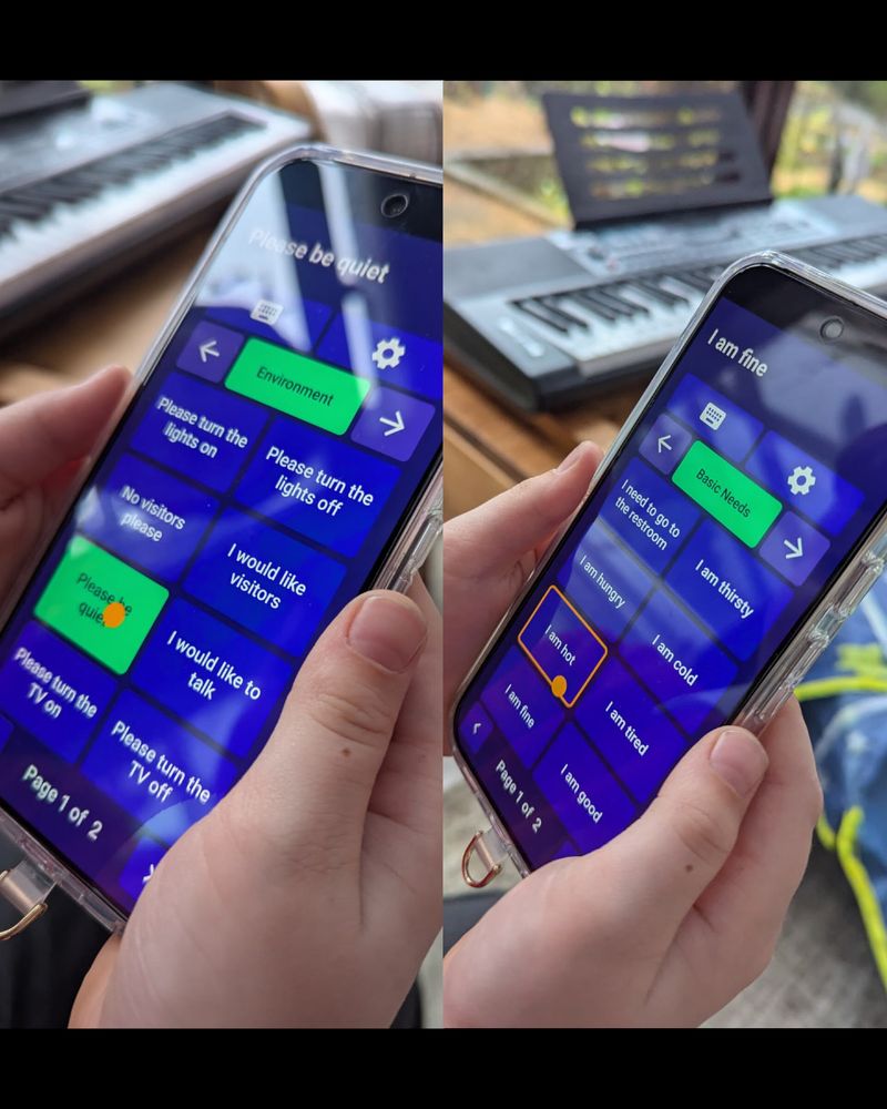 Collage of two photos, each showing a mobile phone displaying the Vocable AAC app on a mobile phone. On the left the button 'Please be quiet' is selected using head tracking access method and on the right the button 'I am hot' is highlighted, also with head tracking access method.