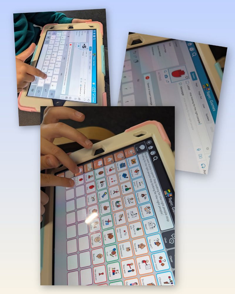 Collage of three photos showing a child holding an iPad and editing a button on a communication app, using the keyboard to input text. A large photo at the bottom shows a child selecting the new button with the text repeated several times in the message window.