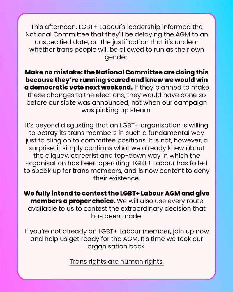 This afternoon, LGBT+ Labour's leadership informed the National Committee that they'll be delaying the AGM to an unspecified date, on the justification that it's unclear whether trans people will be allowed to run as their own gender.

Make no mistake: the National Committee are doing this because they’re running scared and knew we would win a democratic vote next weekend. If they planned to make these changes to the elections, they would have done so before our slate was announced, not when our campaign was picking up steam.

It’s beyond disgusting that an LGBT+ organisation is willing to betray its trans members in such a fundamental way just to cling on to committee positions. It is not, however, a surprise: it simply confirms what we already knew about the cliquey, careerist and top-down way in which the organisation has been operating. LGBT+ Labour has failed to speak up for trans members, and is now content to deny their existence. 

We fully intend to contest the LGBT+ Labour AGM and give members a proper choice. We will also use every route available to us to contest the extraordinary decision that has been made.

If you’re not already an LGBT+ Labour member, join up now and help us get ready for the AGM. It’s time we took our organisation back. 

Trans rights are human rights.