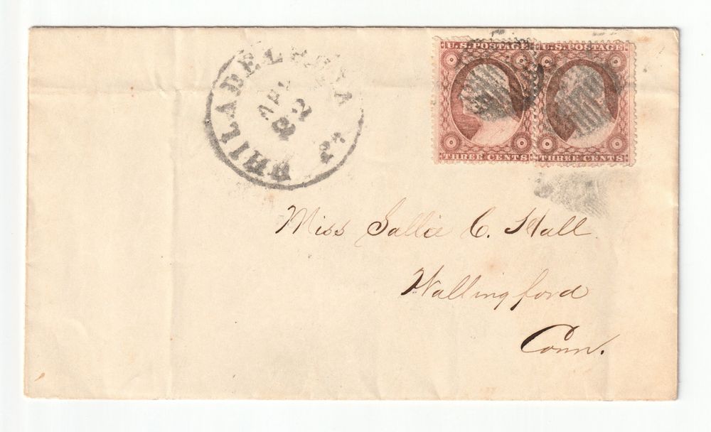 A letter with two stamps, addressed to Miss Sallie Hall of Wallingford, Connecticut.