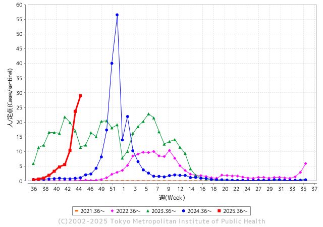 https://idsc.tmiph.metro.tokyo.lg.jp/diseases/flu/flu/ から取得した「定点医療機関当たり患者報告数　2025年11月9日（第45週）まで」のグラフ。