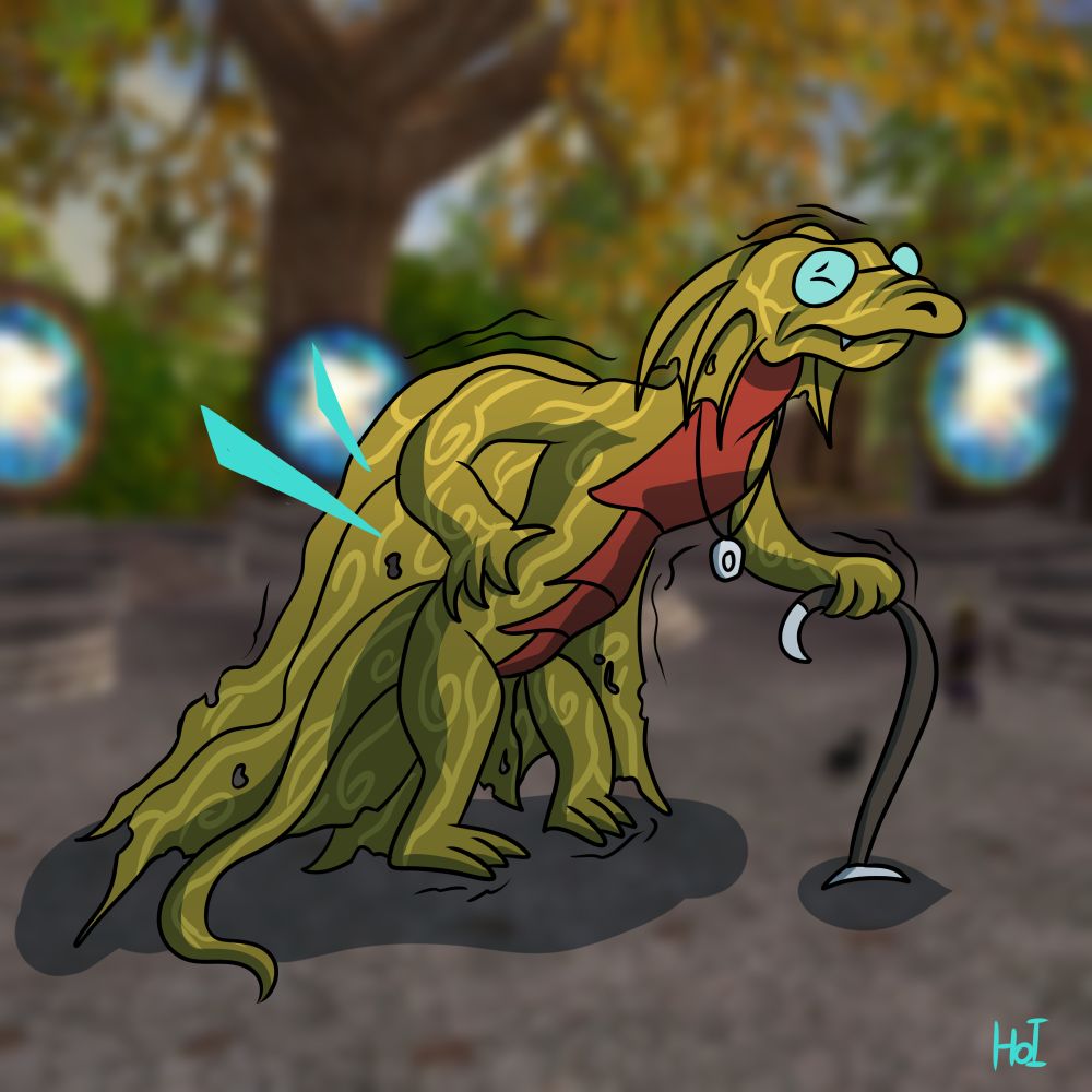An art fight doodle of Rackiera's character Racktor. He is a very old yellow dragon with a cane and having back problems. The background is a blurred screenshot of Istaria: Chronicles of the Gifted.