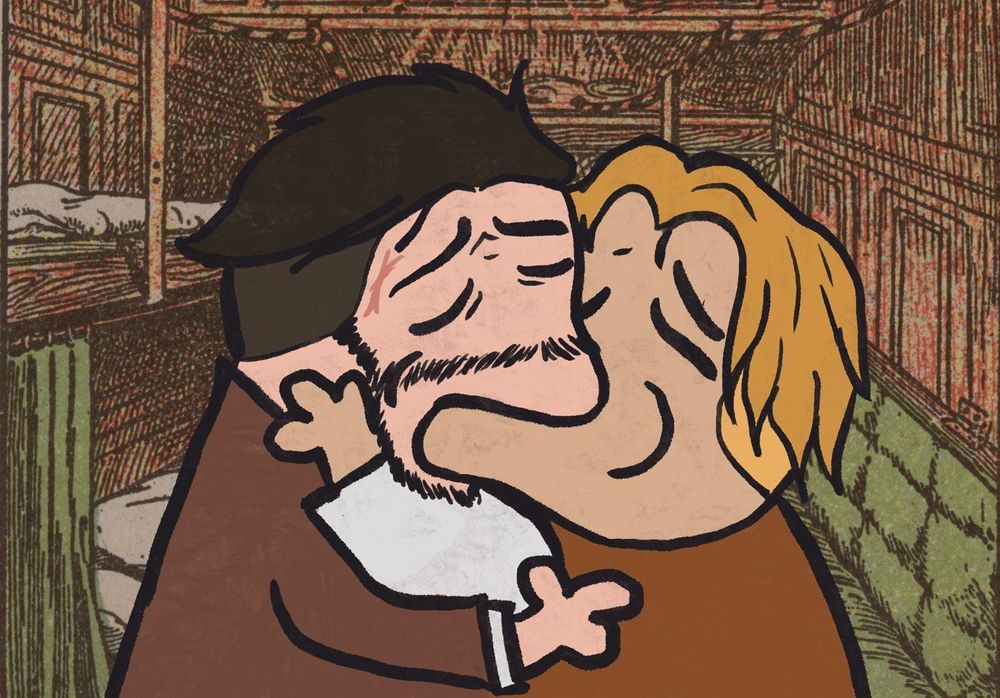 Kissing meme of two men. The one on the left, Ludwig, has dark, almost black short hair with an undercut, some facial hair and a scar on his right temple. On the right there's Wolfram who has slightly longer blond hair. Ludwig is wearing a brown suit, Wolfram is wearing a brown vest with a white shirt underneath. The background is a 1920s Illustration of the interior of a sleep wagon train.