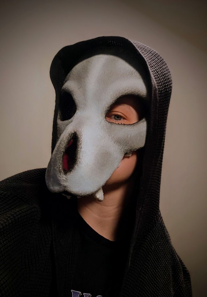 A person wearing a hooded black garment and a large, skull-shaped mask that covers most of their face, with one eye visible.