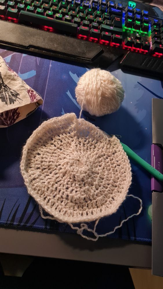 Round piece of crotchet made with white wool. It's about the size of a hand. The stitches aren't perfectly even but that's okay 😘
