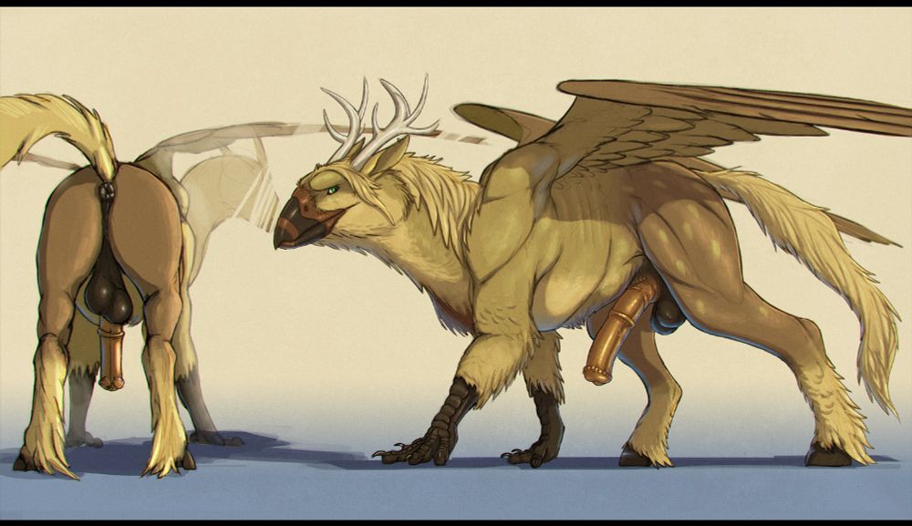 A quadrupedal, male hippogriff reference sheet showing two views of side and back. Explicitly detailed showing male genitalia 