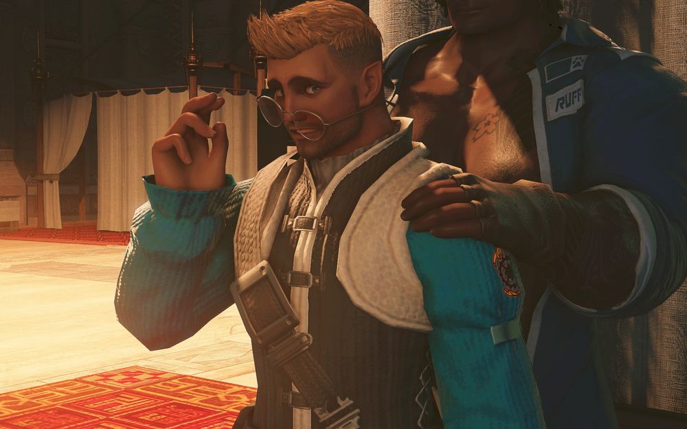 Kalendor drops the sunglasses and they fall askew across his nervous face as Allen claps a hand on the smaller Highlander's shoulder, a small smile on his mostly-obscured face.