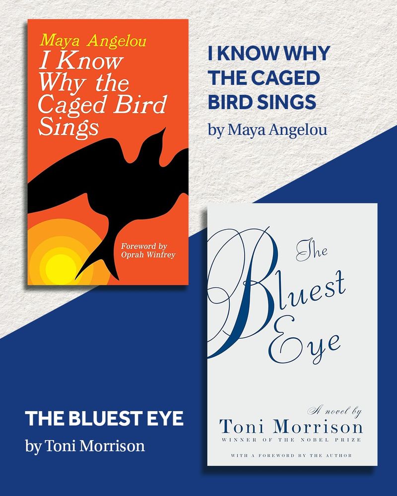 Graphic with the covers for I Know Why the Caged Bird Sings by Maya Angelou and The Bluest Eye by Toni Morrison. 