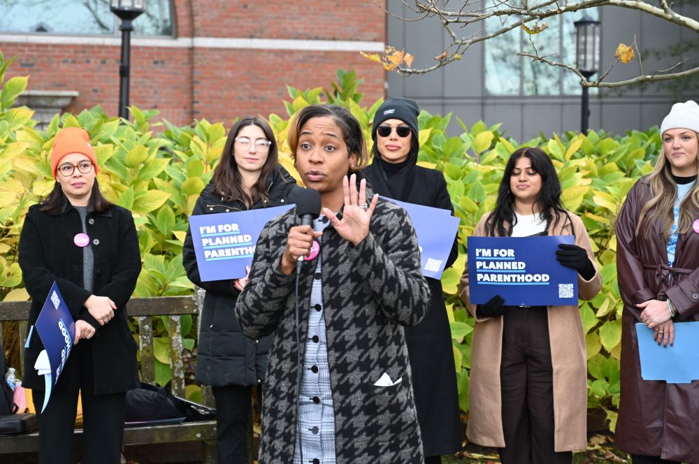 A photo of Attorney General Andrea Joy Campbell speaking at the Planned Parenthood rally. 