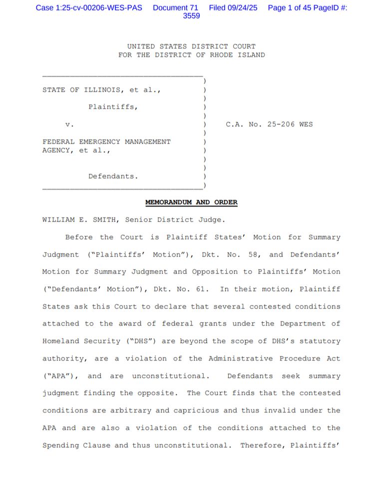 An image of the court ruling on State of Illinois v. FEMA