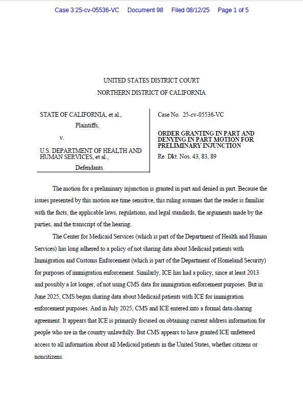 Cover page of the preliminary injunction State of California v. US Dept of Health and Human Services