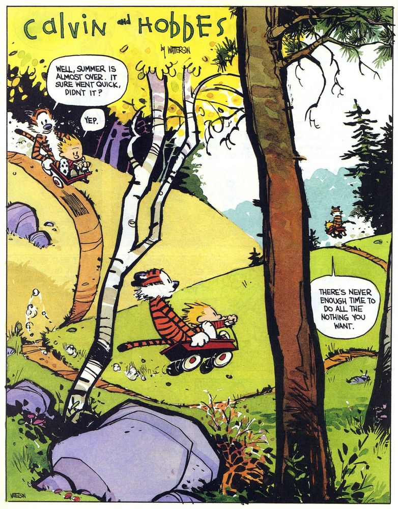 A Sunday strip of Calvin and Hobbes. It is a single full panel, almost like a painting. Calvin and Hobbes are riding a wagon across a meadow.
Hobbes says: "Well, summer is almost over. It sure went quick, didn't it?"
Calvin: "Yep."
They go across the scene.
Calvin: "There's never enough time to do all the nothing you want."