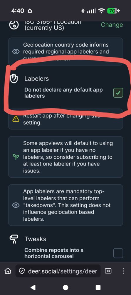 A view of the settings page for deer.social.

Under the section "Labelers", the setting "do not declare any default app labelers" is checked.