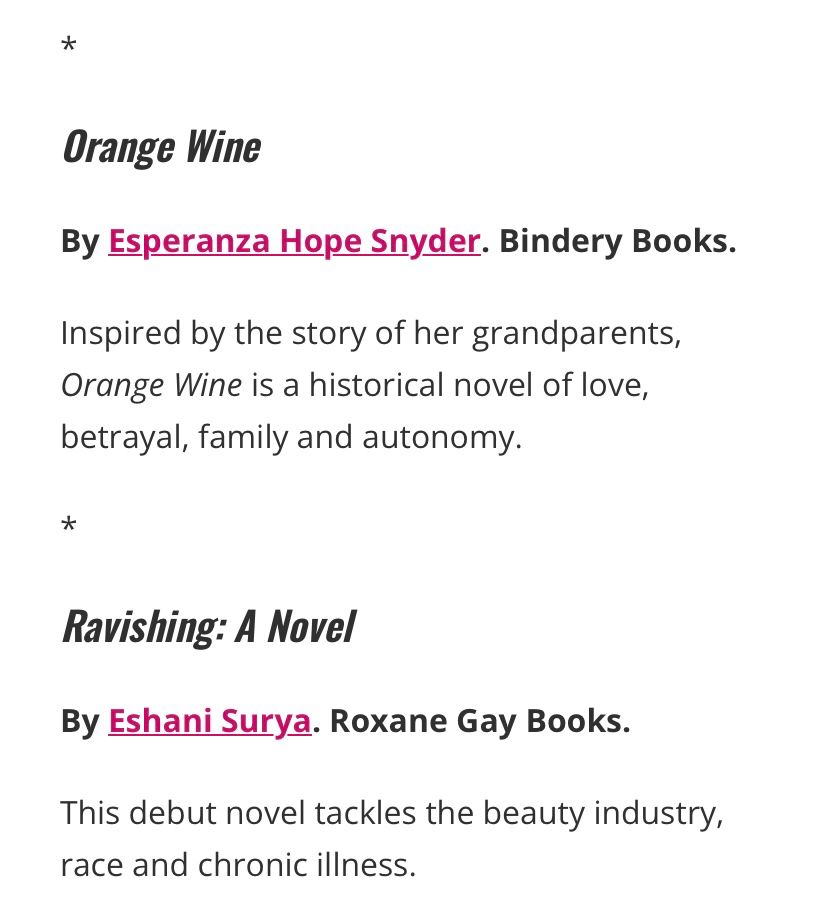 A screenshot of the article that shows Ravishing: A Novel by Eshani Surya. It also says βThis debut novel tackles the beauty industry, race and chronic illness.β