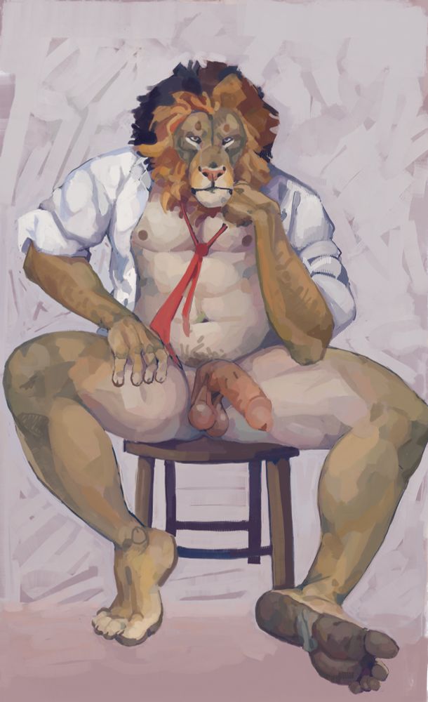 An older lion man sitting on a stool, staring down impatiently at the viewer. He is wearing only an open button down shirt and a loose tie. 