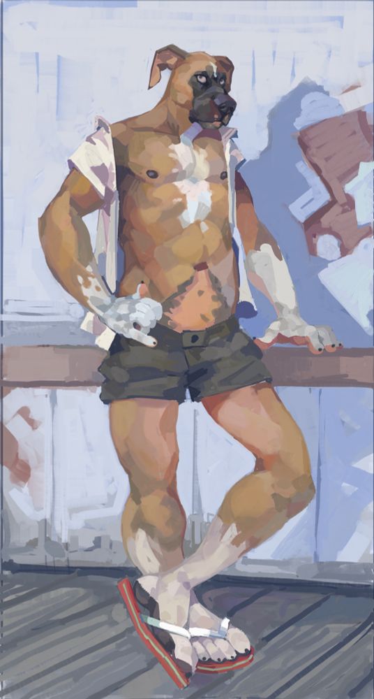 A digital painting of a masculine anthro boxer. He is light brown with white splotches and a black face, with splotchy pink skin on his belly. He is wearing very short grey shorts, an open button down, and flip flops.